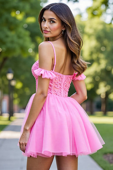 Off The Shoulder Pink Corset Appliqued Homecoming Dress